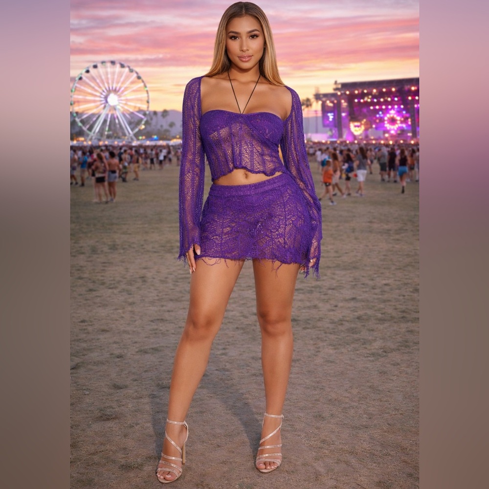 SHEIN 3PC Purple Crochet Set M Festival Y2K Distressed Crop Top Skirt Shrug NWT